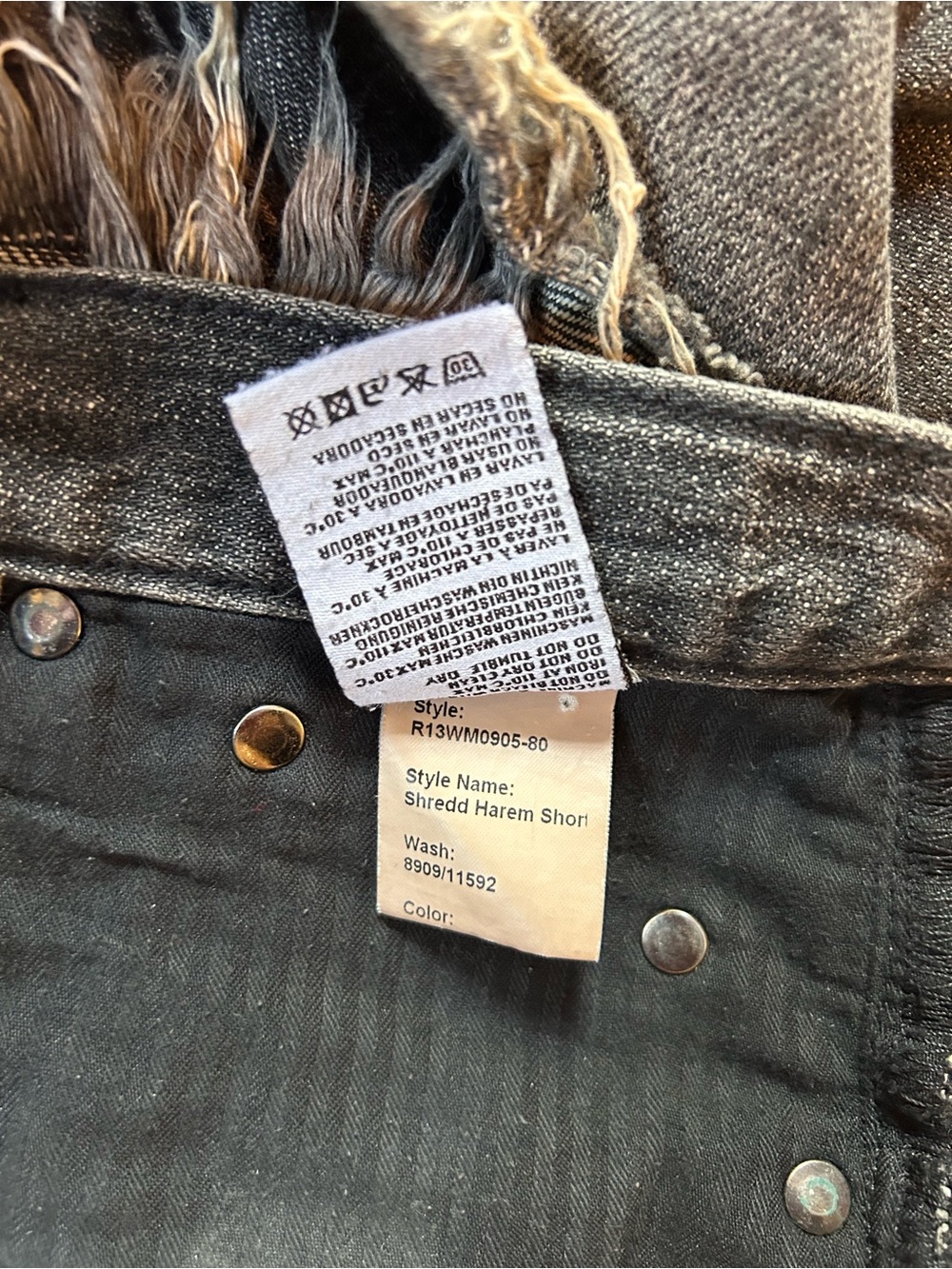 R13 Shredded Harem Shorts in color Cement Black. Distressed. Size 29 - Picture 6 of 7